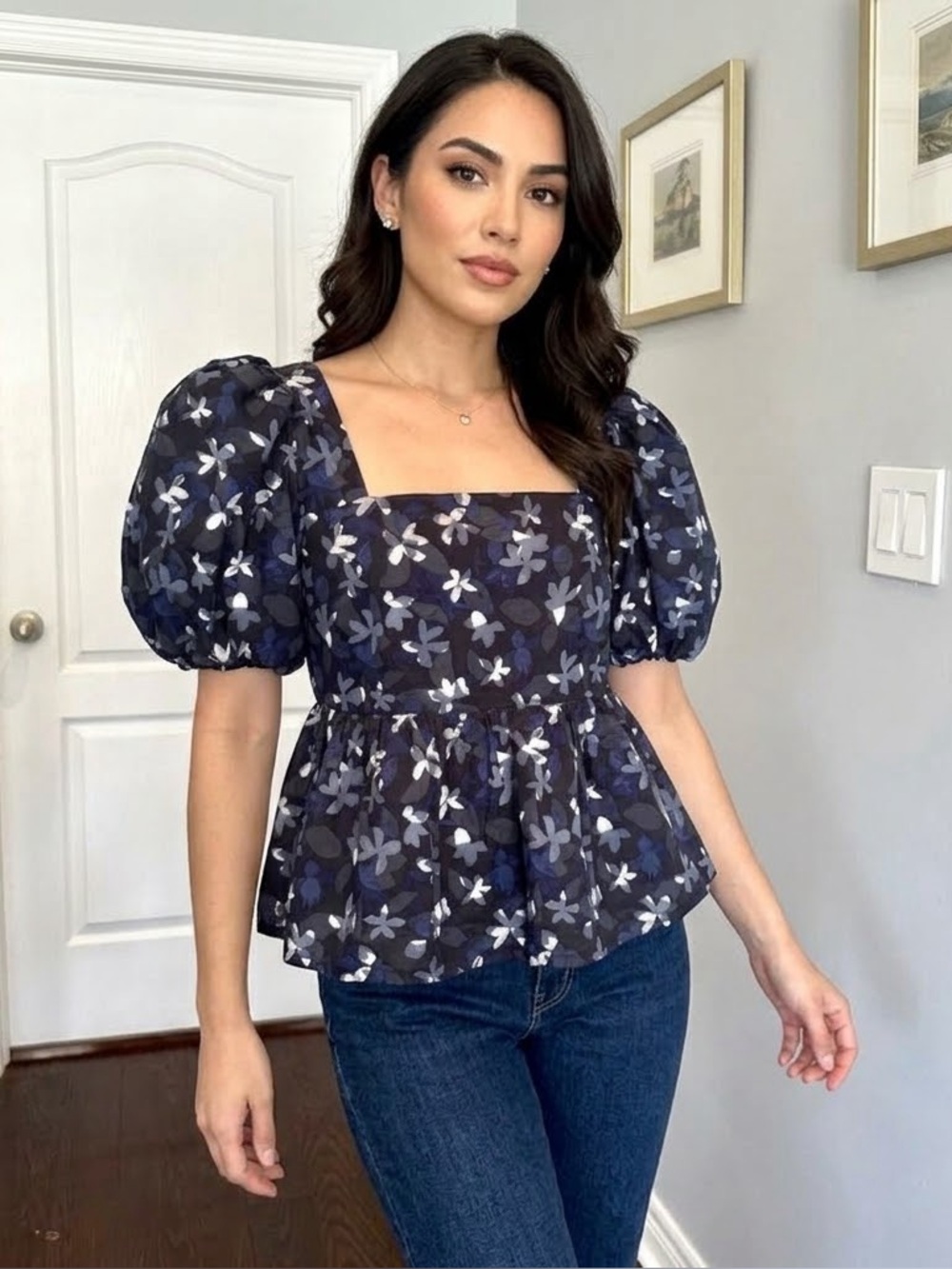 HUDSON NORTH Floral Baby Doll Puff Sleeve Top - Blue